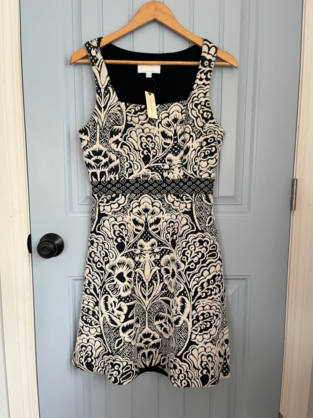 Anthropologie Sleeveless Black and White Floral Fit-and-Flare Dress